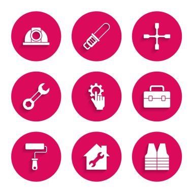 Ayarlar elde, ev onarımı, güvenlik yeleği, alet çantası, boya fırçası, anahtarlık, İngiliz anahtarı ve işçi kaskı simgesi. Vektör