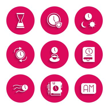 Kahve saati, gazete defteri, sabah, kitap saati, saat işliyor, saat oklu, gündüz ve gece ve kum saati simgesi. Vektör