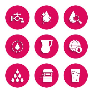 Sürahi bardağını suyla doldurun, Kova, Cam, Dünya gezegeni, Su, Temiz Su, Geri Dönüşüm, Düşürme, Büyütme ve Musluk ikonu. Vektör