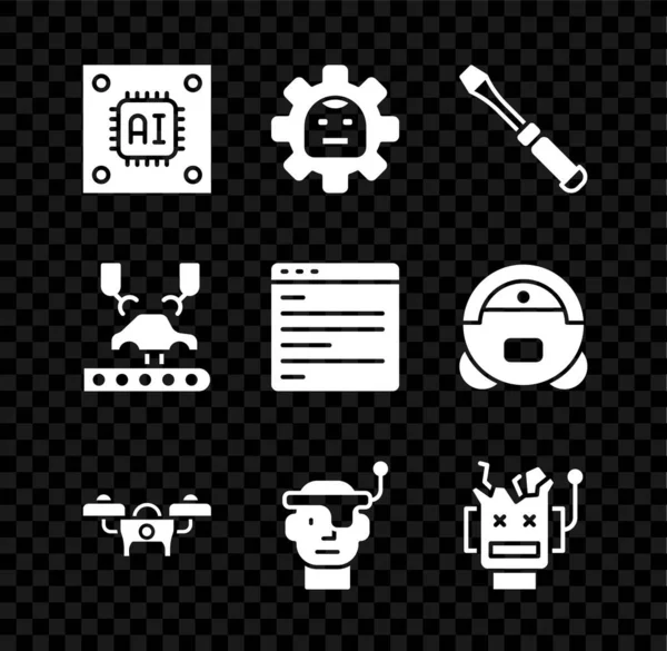 Conjunto de processador com microcircuitos CPU, robô, chave de fenda, drone, óculos inteligentes, robô quebrado, fábrica de braço robótico e ícone de interface api do computador. Vetor —  Vetores de Stock