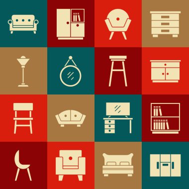 Gardırop, kütüphane kitaplığı, mobilya sehpası, Kol sandalyesi, Ayna, yer lambası, kanepe ve sandalye ikonu. Vektör
