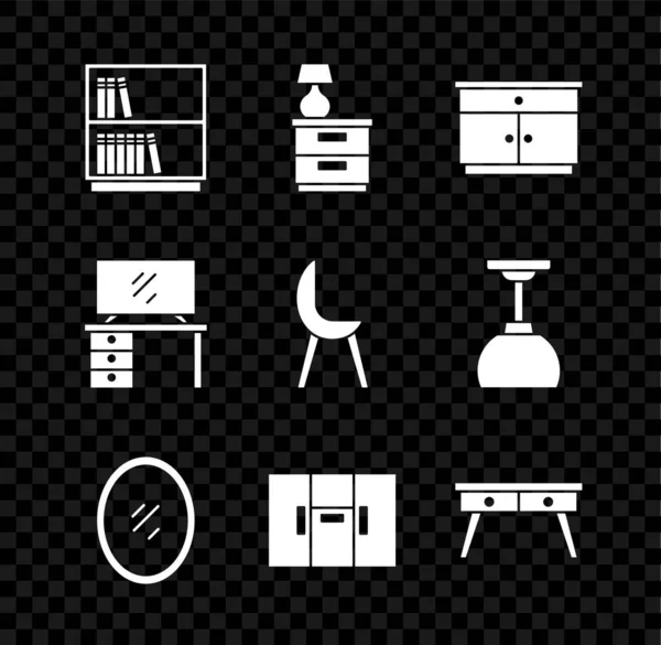 図書館の本棚、ランプ、ミラー、ワードローブ、オフィスデスク、テレビテーブル、アームチェアアイコン付きの家具のナイトスタンドを設定します。ベクトル — ストックベクタ