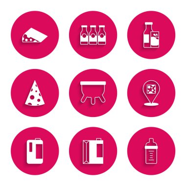 Meme, kefir için kağıt paketi, şişedeki bebek sütü, peynir, süt plastiği, şişe, cam ve ikon. Vektör