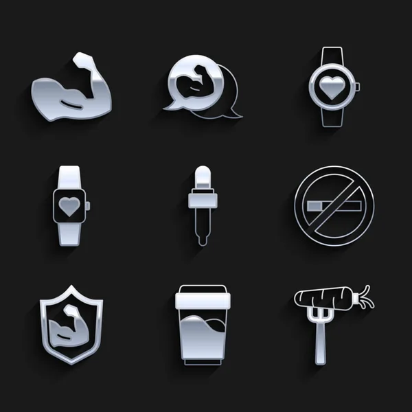 Set Pipet met olie, Glas water, Wortel op vork, No Smoking, Bodybuilder spier, Smart horloge, en pictogram. Vector — Stockvector