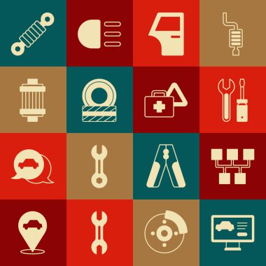 Arabanın tanısal durumunu, vites kolunu, tornavidayı ve anahtarı, araba kapısını, tekerleği, hava filtresini, şok emiciyi ve ilk yardım seti uyarı üçgeni ikonunu ayarla. Vektör