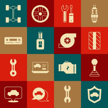 Aracı kalkan, vites kolu, tekerlek, tornavida ve anahtarlık, uzaktan kumanda, ses, Chassis araba ve otomotiv turbo şarj ikonu ile ayarla. Vektör