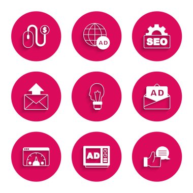 Fikir, Reklamcılık, Müşteri Ürünleri Derecelendirme, Web Sitesi İstatistik, Posta ve E-posta, SEO optimizasyon ve simgesine sahip ampul ayarla. Vektör