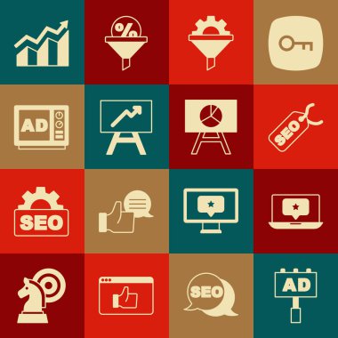 Reklamcılığı ayarla, yıldız dizüstü bilgisayarı, SEO optimizasyonu, satış huni teçhizatı, grafik tablosu, finansal büyüme artışı ve simgesi. Vektör