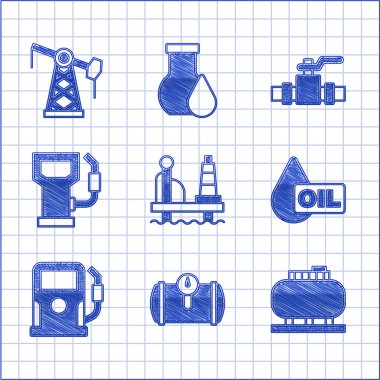 Denize petrol platformu, benzin deposu, depolama, benzin istasyonu, metal borular, valf ve pompa kriko ikonu kurun. Vektör