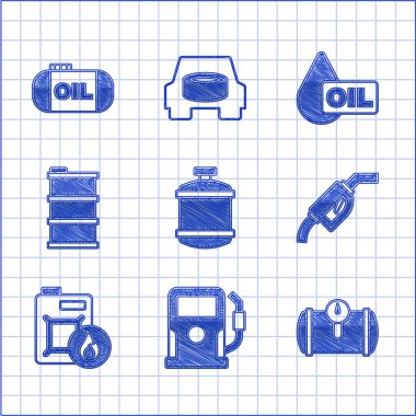 Propan benzin deposu, benzin istasyonu, araç benzini, benzin pompası başlığı, teneke motor yağı, fıçı, yağ damlası ve depolama ikonu ayarlayın. Vektör