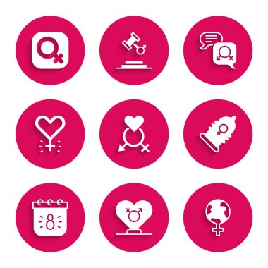 Dünyada cinsiyet, feminizm, prezervatif, 8 Mart takvimi, eşitlik ve kadın cinsiyet ikonu belirleyin. Vektör