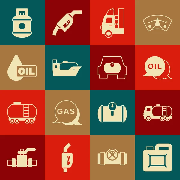 Set Canister for motor oil, Tanker truck, Word, Gas tank vehicle, Oil tanker ship, drop, Propane gas and icon. Vector — Stock Vector