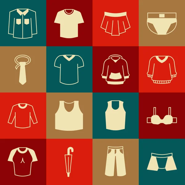 Set Hombre calzoncillos, sujetador, suéter, falda, camiseta, corbata, camisa y sudadera con capucha icono. Vector — Vector de stock