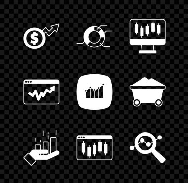 Finansal büyüme dolarını, pasta grafiğini, borsa grafiklerini, hisse senedi tarayıcısını, arama veri analizini, grafik ve simgeyi ayarla. Vektör