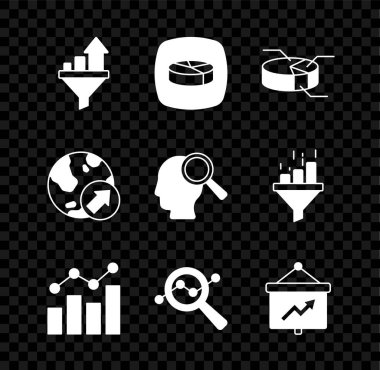 Satış hunisini grafikle, pasta bilgisiyle, finansal büyümeyle, arama veri analiziyle, panoyla ve insan simgesiyle ayarla. Vektör