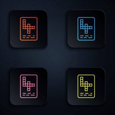 Renkli neon çizgisi simgesi siyah arkaplanda izole edildi. Kare düğmelere simgeleri yerleştir. Vektör