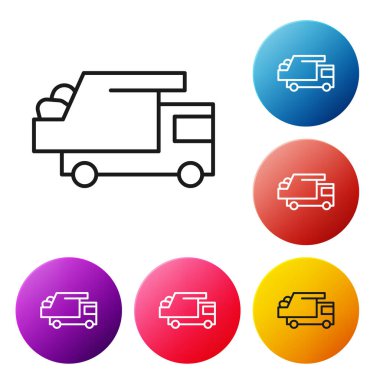 Siyah çizgi çöp kamyonu simgesi beyaz arkaplanda izole edildi. Renkli daire düğmelerini ayarlayın. Vektör