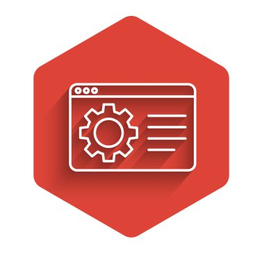 Beyaz çizgi Tarayıcı simgesini uzun gölgeyle izole ediyor. Ayarlama, servis, bakım, onarım, onarım. Kırmızı altıgen düğmesi. Vektör