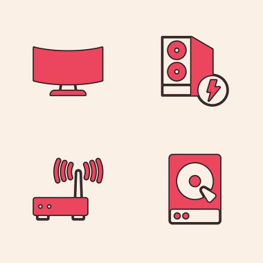 Sabit disk sürücüsü HDD, Bilgisayar monitörü, Bilgisayar ve Yönlendirici ve Wi-Fi sinyal simgesini ayarla. Vektör