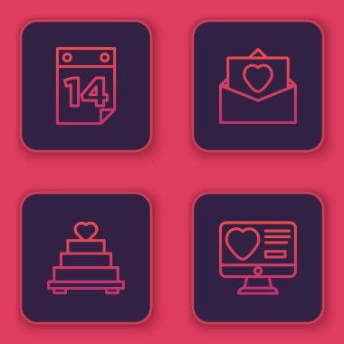 14 Şubat 'ta Takvim, Düğün pastası kalbi, Envelope Valentine ve Flört uygulaması çevrimiçi. Mavi kare düğme. Vektör