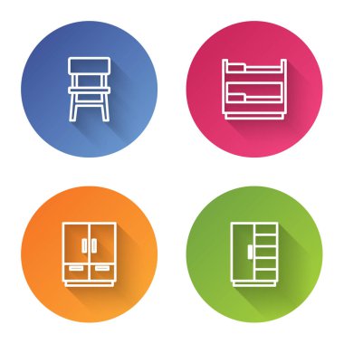 Sıralı sandalye, ranza, gardırop ve... Renkli daire düğmesi. Vektör