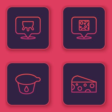 Meme, yoğurt konteynırı, peynir ve... Mavi kare düğme. Vektör