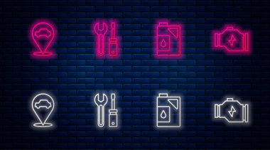 Tornavida ve anahtar anahtarını ayarla, motor yağı için teneke kutu, araba servisli konum ve motoru kontrol et. Tuğla duvarda parlayan neon simgesi. Vektör