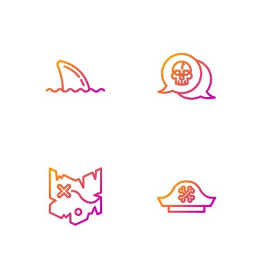 Korsan şapkası, hazine haritası, okyanus dalgasında köpekbalığı yüzgeci ve Kafatası. Renk simgeleri. Vektör