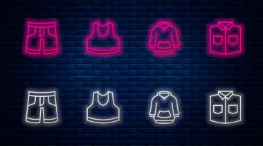 Çizgi Undershirt, kapüşonlu, kısa pantolonlu ve tişörtlü. Tuğla duvarda parlayan neon simgesi. Vektör
