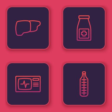 İnsan organı karaciğeri, kardiyogramı, ilaç şişesi, haplar ve termometreyi ayarla. Mavi kare düğme. Vektör