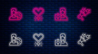 Feminizm, Feminist aktivist, farklı ülkelerden gelen kadınlar ve... Tuğla duvarda parlayan neon simgesi. Vektör