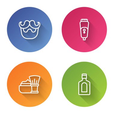 Bıyık ve sakal, elektrikli tıraş bıçağı köpük ve şampuanla tıraş fırçası. Renkli daire düğmesi. Vektör