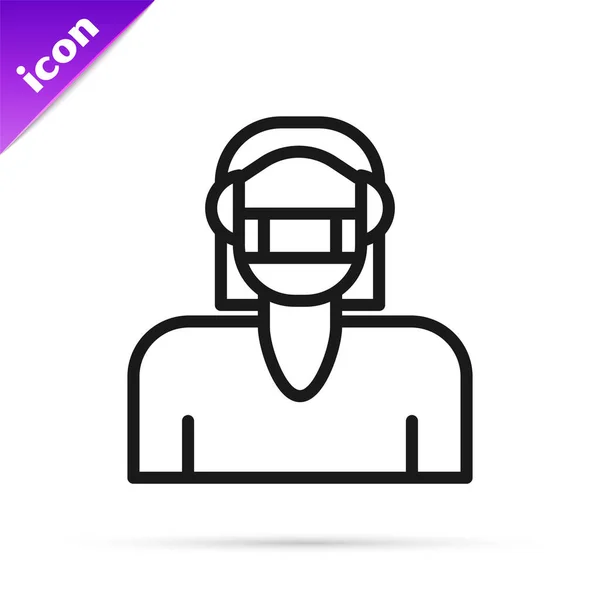 Línea negra Cara de mujer en un icono de máscara protectora médica aislada sobre fondo blanco. Cuarentena. Vector — Vector de stock