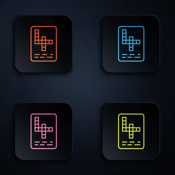 Színes neon vonal Keresztrejtvény ikon elszigetelt fekete háttérrel. Állítsa ikonok négyzet gombok. Vektor — Stock Vector