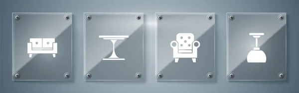 Set Lampe suspendue, fauteuil, table ronde et canapé. Panneaux carrés en verre. Vecteur — Image vectorielle