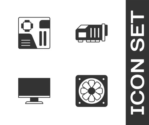 Set Computer-Kühler, Motherboard-Digitalchip, Monitor-Bildschirm und Grafikkarte Symbol. Vektor — Stockvektor