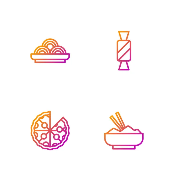 Fijar la línea de arroz en un tazón con palillo, pizza, fideos asiáticos y caramelo. Iconos de color degradado. Vector — Archivo Imágenes Vectoriales