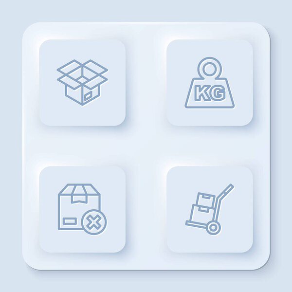 Набор линии Unboxing, Вес, Картон и ручной грузовик и коробки. Белая квадратная кнопка Вектор