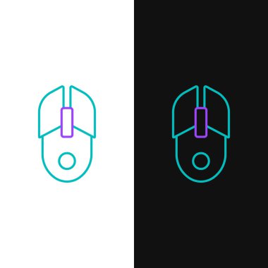 Satır Bilgisayarı fare simgesi beyaz ve siyah arkaplanda izole edildi. Tekerlek sembollü optik. Renkli taslak konsepti. Vektör