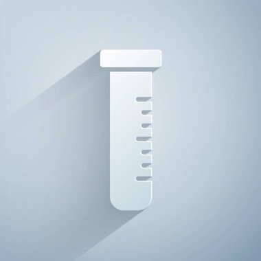 Kağıt kesiği Test tüpü ve kimyasal test ikonu gri arka planda izole edilmiş. Laboratuvar cam levhası. Kağıt sanatı tarzı. Vektör