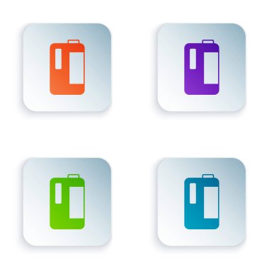 Beyaz arka planda izole edilmiş süt ikonu için saplı renkli plastik şişe. Bir galon süt. Kare düğmelere renkli simgeleri yerleştir. Vektör