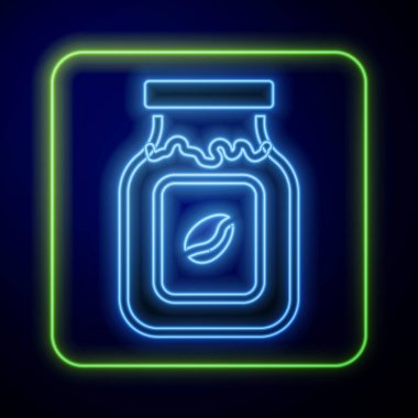 Parlayan neon kahve şişesi ikonu mavi arka planda izole edilmiş. Vektör