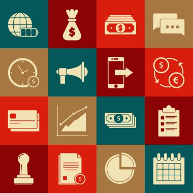 Takvimi Ayarla, Kontrol Listeli Pano, Para Takası, Kağıt Para Yığını, Megafon, Zaman, Batarya şarj seviyesi göstergesi dünya küresi ve akıllı telefon, mobil simge. Vektör