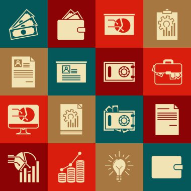 Cüzdan, Belge, Evrak Çantası ve Para, Grafik Çizelgesi, Özgeçmiş, Özgeçmiş, Yığınla Kağıt Para ve Kasa simgesi. Vektör