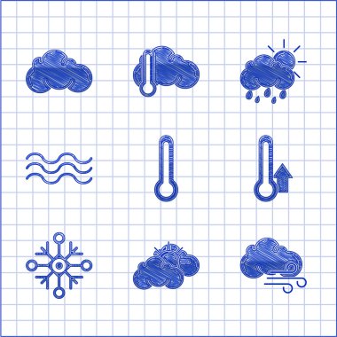 Termometreyi, güneşi ve bulutları, rüzgarı, kartanesini, dalgaları, yağmur güneşli bulutu ve ikonu ayarlayın. Vektör
