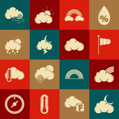 Bulut 'u ay ve yıldızlarla, Gökkuşağı bulutlarıyla, koni meteorolojisi rüzgar gülleri, fırtına, yağmur güneşi, rüzgarlı hava ve ikon ile ayarla. Vektör
