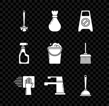 Tuvalet fırçasını, çöp torbasını, ıslak zemini ve temizliği, temizlik hizmetini, su musluğunu, pompayı, deterjan likörlü sprey şişesini ve kova köpüğü ikonunu hazırla. Vektör