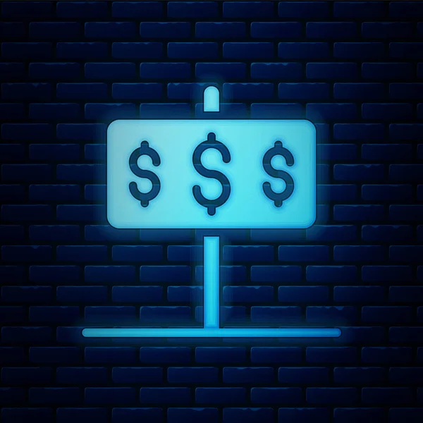 Ragyogó neon ház dollár szimbólum ikon elszigetelt téglafal háttér. Otthon és pénz. Ingatlankoncepció. Vektor — Stock Vector