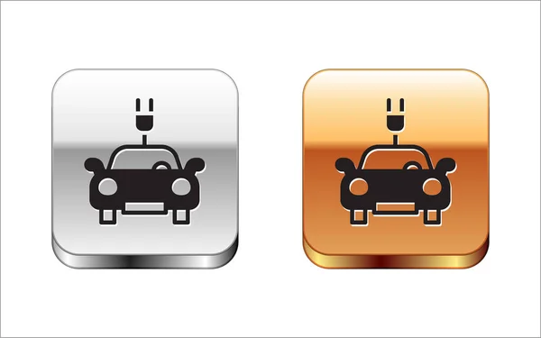 Černá Elektrické auto a elektrické kabelové zástrčky nabíjecí ikona izolované na bílém pozadí. Obnovitelné ekologické technologie. Stříbrné a zlaté čtvercové knoflíky. Vektor — Stockový vektor