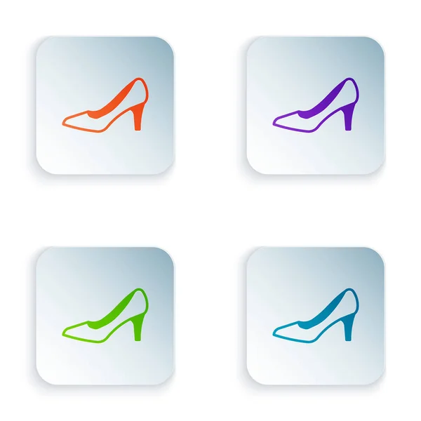 Color Woman shoe with high heel icon isolated on white background. Set colorful icons in square buttons. Vector — Stock Vector